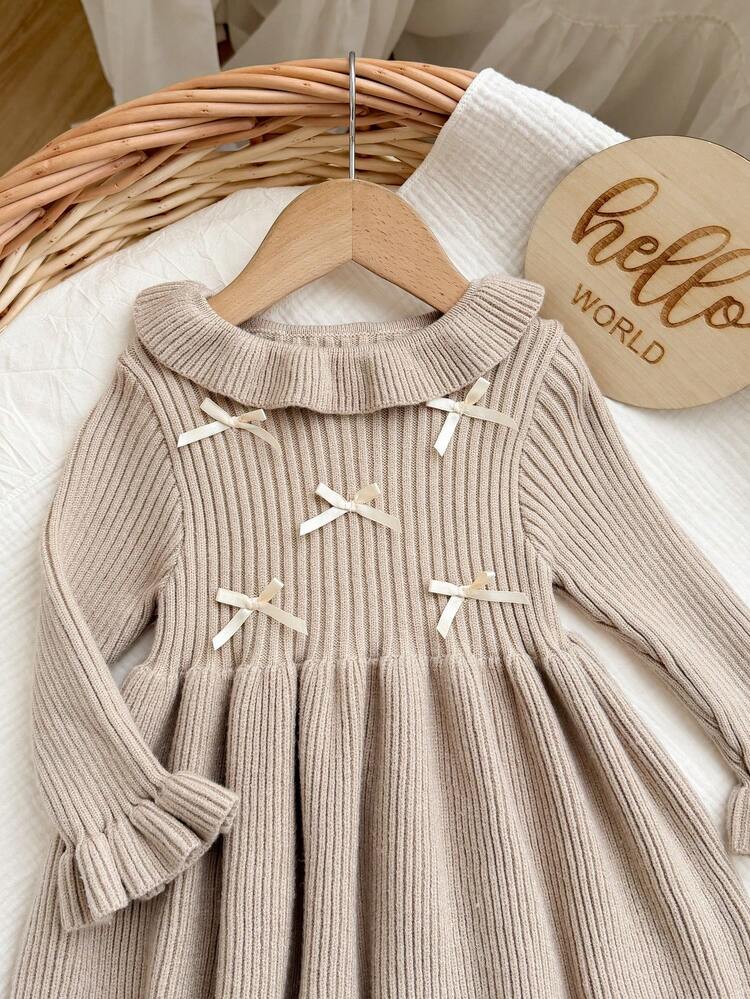 SHEIN Baby Girl Bow Decor Long Sleeve Cute Knit Autumn Dress - Camel - View 5