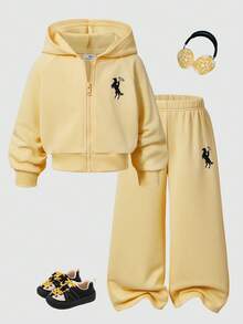 SHEIN ChillGRL Streecool Ensemble 2 pièces pour jeune fille, vêtements d'automne, épaisseur régulière, tricot, décontracté et polyvalent, veste à capuche zippée et pantalon ample à jambes larges avec imprimé graphique de sports équestres, convient pour les sports décontractés - Jaune citron - Voir 1