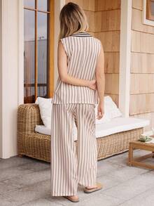 Doze Lane Set Piyama Wanita Kasual Tanpa Lengan dengan Leher V dan Motif Garis-Garis Digital - MultiWarna - View 2