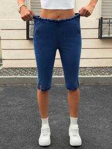 Flexra 女款街頭時尚口袋開衩牛仔褲 - 藍色 - 查看 3