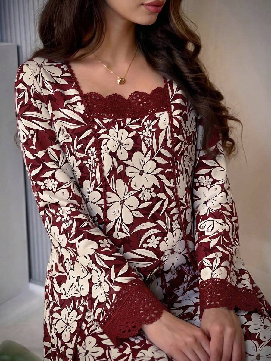 Al Najma Women's Floral Print Fashion Party & Travel Arabian Dress - Burgundy - View 1