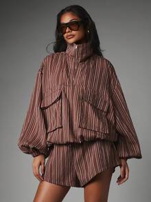 MISSGUIDED 條紋編織半拉鍊高領寬鬆夾克與抽繩迷你短褲兩件套套裝 - 咖啡棕 - 查看 1