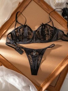 SHEIN 2 piezas Conjunto de sujetador con aros y parches de encaje cómodo para mujer - Negro - Ver 2