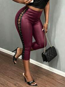 BamGleam American Hot Girl Black Faux Leather Lace-Up Skinny Pants, Side Tie Slimming Butt-Lifting Capri Length Pants, Subculture Punk Style Sexy Hot Girl Pants - Burgundy - View 4