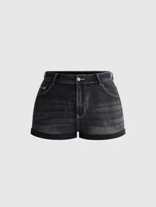 ROMWE Grunge Punk Y2K辣妹復古十字架與翅膀刺繡水鑽大尺碼牛仔短褲 - 藍色 - 查看 2
