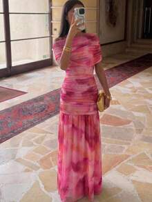 Aloruh Mesh Ruched Printed Elegant Extra Long Dress For Party, Date, Romantic Outfit - Multicolor - View 2