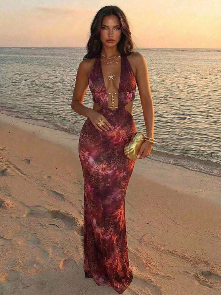 Aloruh Women's Elegant Boho Sexy Front Cutout Beaded Decor Zebra Print Fitted Dress For Beach Vacation Burgundy Summer - Multicolor - View 6