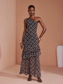 JIAN LASALA Mesh One-Shoulder Ruffle Hem Asymmetric Neckline Bodycon Women Long Dress - Multicolor - View 4