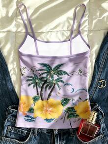 SHEIN 女士夏季休闲沙滩度假热带棕榈树印花吊带衫 - 白色 - 查看 2