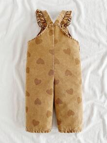 SHEIN Vintaside Kids 1件女嬰藍色牛仔休閒可愛刺繡花卉吊帶連身褲，適合外出與派對 - 棕色 - 查看 3