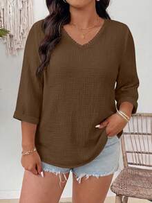 EMERY ROSE Plus Size Versatile Cotton Linen Textured V-Neck Floral Blouse Fall - Rust Brown - View 4