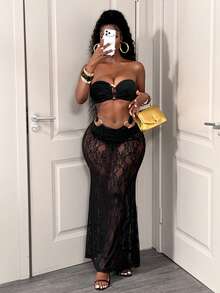 BamGleam Sexy Lace Bodycon Fish Tail Skirt With Metal Buckle Bustier Hollow Out Lingerie Set - Black - View 7