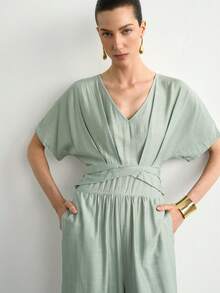 Aalyst Sage Green Linen Relaxed Elegant, Suitable For Workplace Brunch And Daily Wear Crossover Waist Wide Leg Jumpsuit, Luxurious Skin-Friendly Pants Summer - Green - View 5
