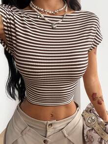 Coolane Women's Summer Streetwear Casual Country Concert Sexy Chic Stretchy White And Brown Striped Backless Tops Club Club Night Night Out - Brown - View 6