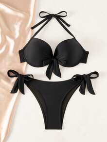 Swim DD+ 2 Pieces Knitted Solid Color Underwire Shaping Women's Swimwear - Black - View 3