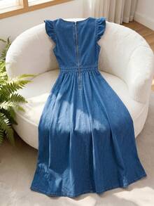 GlowEve Women's Floral Embroidered Pattern Pleated Casual Party Denim Dress - Blue - View 2