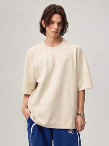 Loose Fit Men's Letter Embossed Drop Shoulder T-Shirt, Fall Fleece - Apricot - View 4