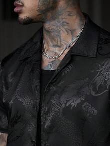 SLATEMANN 男士中式龍紋單排扣休閒短袖襯衫 - 黑色 - 查看 5