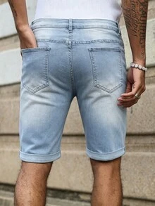 Manfinity Homme 男士大尺碼夏季斜口袋牛仔短褲 - 淺色水洗藍 - 查看 2