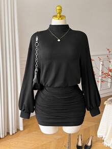 Comfortcana Plus Size High Elasticity Black Retro Minimalist Autumn/Winter Bodycon Mock Neck Knit Dress Fall - Black - View 5