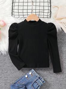 Emery Rose Kids Emery Rose Kids 女童純色針織立領羊腿袖休閒T恤冬款上衣 - 黑色 - 查看 4