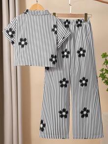 SHEIN 女童 2 件組條紋紋理布料短袖襯衫與休閒長褲套裝，舒適粉色條紋領口鈕扣短袖上衣搭配蝴蝶結長褲套裝，適合日常穿著，春夏季 - 黑色 - 查看 2