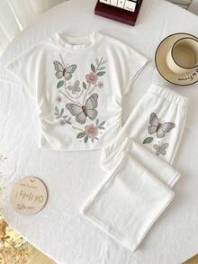 少女休閒時尚簡約優雅波希米亞風刺繡花卉圖案立領短袖上衣 T-shirt 寬鬆寬腿長褲，適合日常、校園、外出、婚禮季、開學季，時尚女孩穿搭 - 彩色 - 查看 4