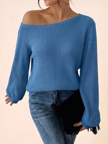 Coeurva Women's Minimalist Versatile Solid Color Asymmetrical Shoulder Pullover Sweater - Blue - View 4