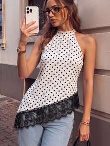 SHEIN Women's Polka Dot Contrast Lace Halter Neck Asymmetric Ruffle Top - White - View 5
