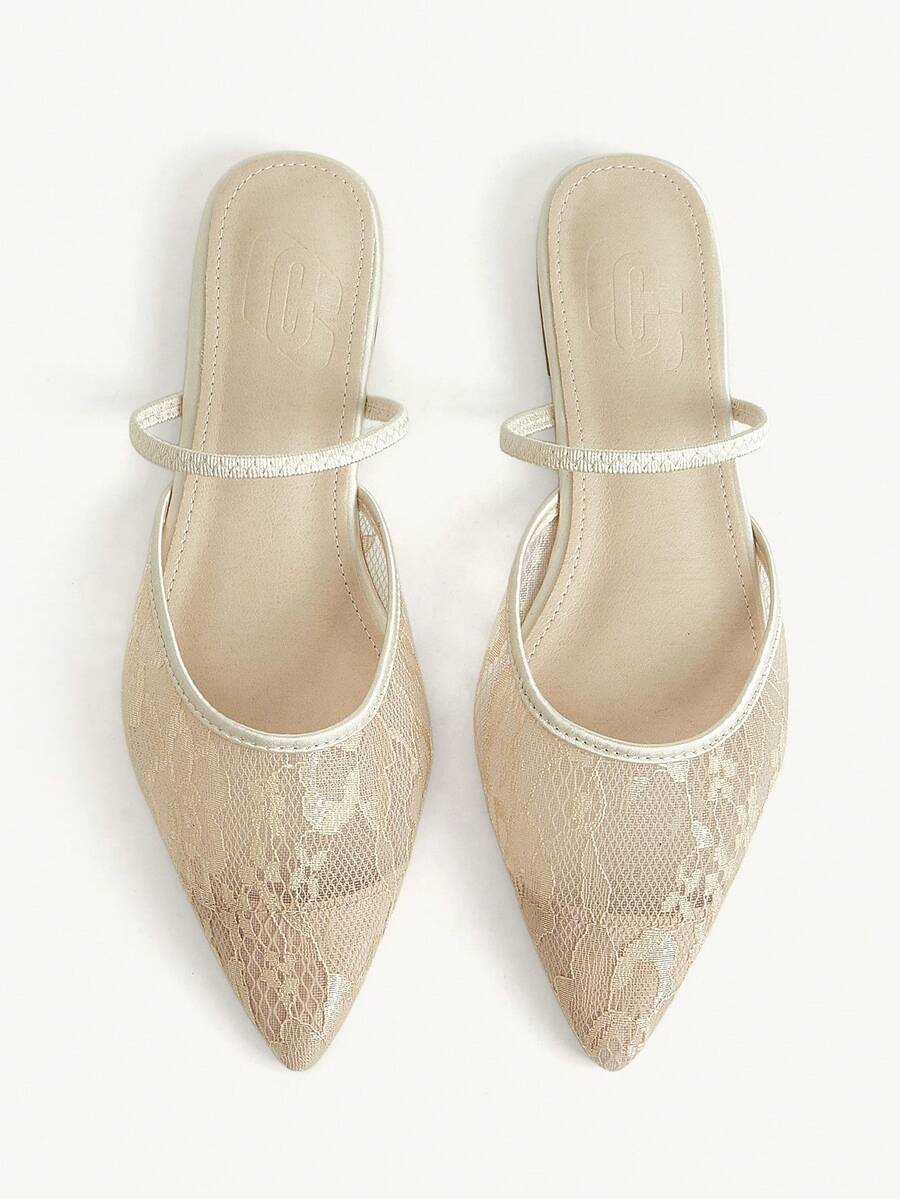 CUCCOO CHICEST French Gentle Style Mesh Yarn Closed Toe Slippers, Low Vamp Flat Bottom Wear Shoes, Elegant Versatile Commuting Slouchy Shoes Fall Shoes - Champagne - View 1