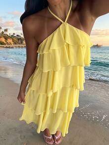 Soleia Nouvelle robe longue élégante et romantique pour invitée de mariage, couleur unie, dos nu, volants multicouches en mousseline, bohème, boho, floral romantique, vacances, fête florale, rendez-vous, Saint-Valentin, Pâques, carnaval, thé de l'après-midi, plage, croisière, vacances, rue de la ville, vacances - Jaune citron - Voir 1