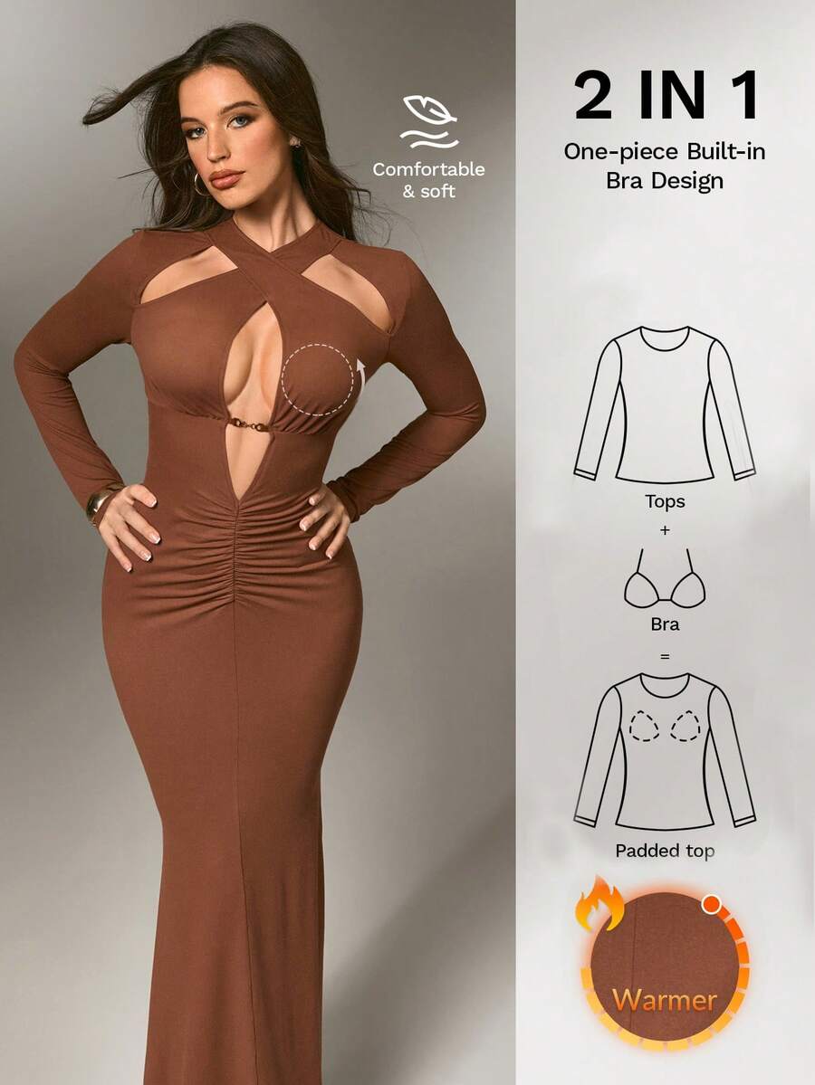 Nuvra Fashionable Sexy Solid Color Hollow Out Bodycon Dress - Brown - View 1