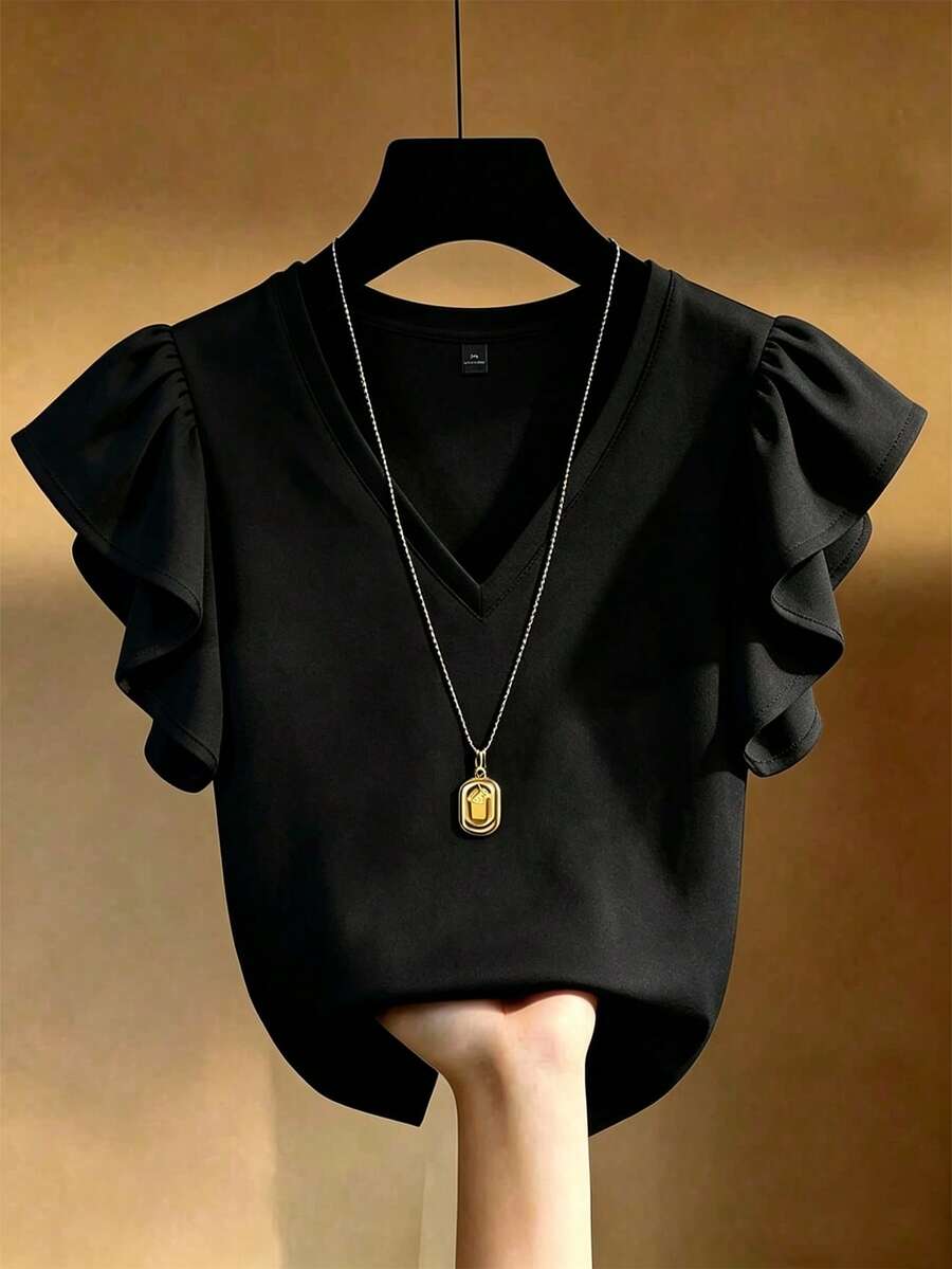 EMERY ROSE Plus Size French Elegant V-Neck Ruffle Trim Short Sleeve T-Shirt, Slim Fit Co - Multicolor - View 1