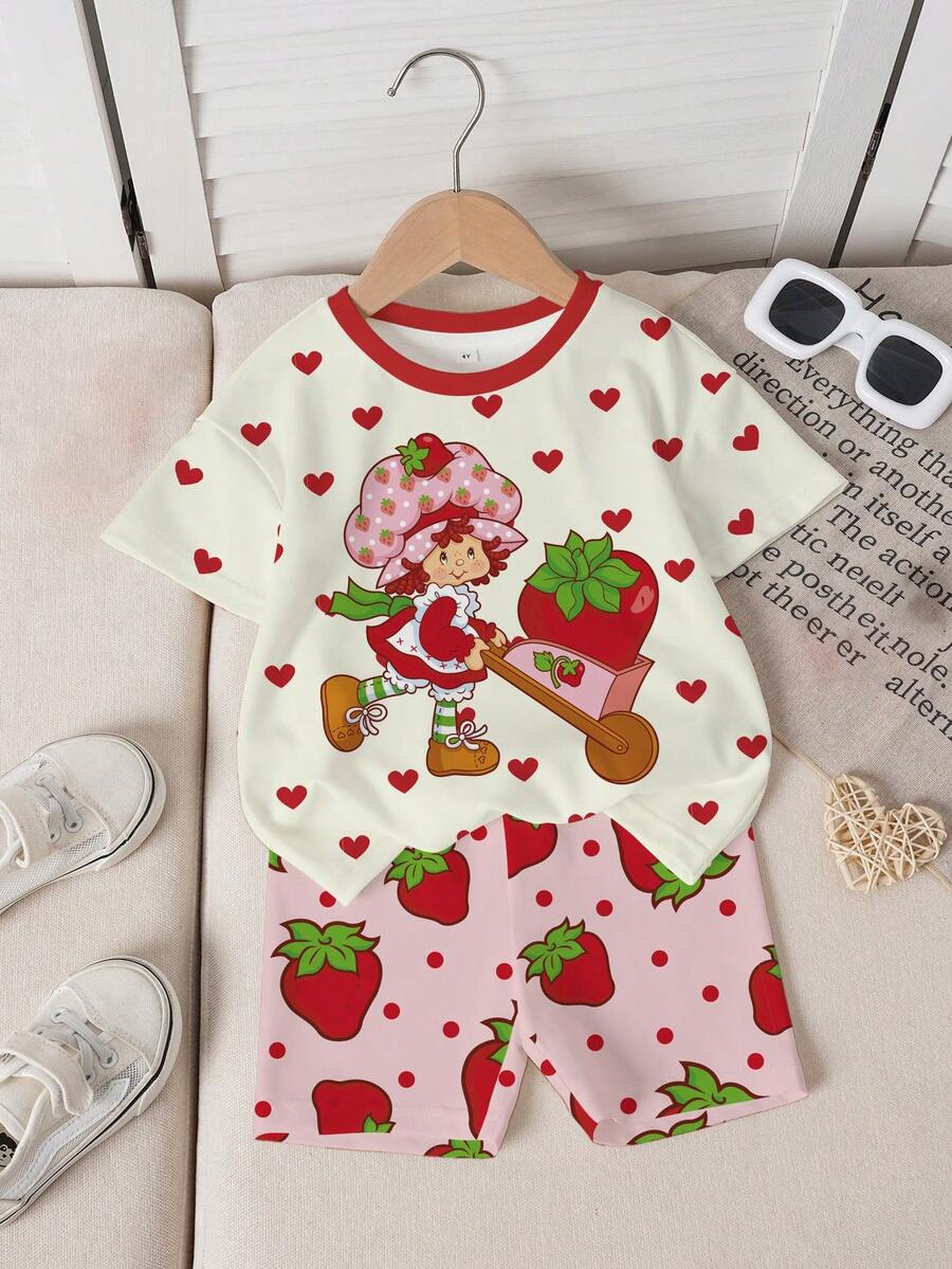 Strawberry Shortcake X SHEIN Tween Girl Heart Print Short Sleeve T-Shirt And Shorts Set - White - View 1