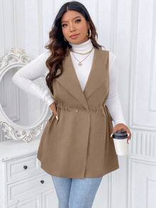 Elenzga Plus Size Spring/Autumn Casual Solid Color Sleeveless Jacket - Coffee Brown - View 3