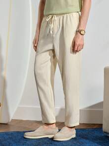 VeloEdit Pantalon décontracté ample à jambes droites en lin tissé de couleur unie pour hommes, style plage, détente et vacances - Nude - Voir 4