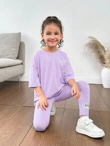 SHEIN 女童 2件組字母印花落肩T恤與長褲套裝，適合夏季、學校、返校季、情人節禮物 - 淡紫色 - 查看 6