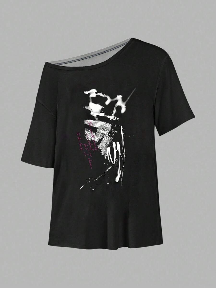SHEIN EZwear 字母图案不对称下摆 T 恤 - 彩色 - 查看 1