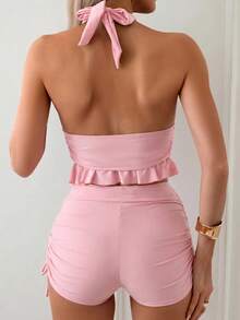 Swim Basics Women's Ruffle Halter Tie Tank Top And Shorts Swimsuit Set - Pink - View 2