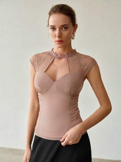 MOTF PREMIUM SPRING/SUMMER GENTLE MINIMALIST SEXY DATE SATIN CONTRAST LACE HOLLOW WAIST-CINCHING RUCHED WOMEN'S TOP