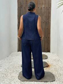 Dazy Plus Dark Wash Blue Denim Set, Fitted Sleeveless Denim Top With Starfish Button Decor, Loose Long Denim Pants, Plus Size Women Spring Summer - Dark Wash - View 7