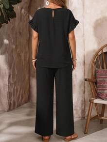 EMERY ROSE Polka Dot Plus Size Raglan Sleeve Cuff Patchwork Ruffle Back Waterdrop Round Neck Blouse And Elastic Waist Waistband Decor Drawstring Pants Women's Long Pants Black Plus Size 2pcs Set Vacation Bohemian Casual Suitable For Spring And Summer - Black - View 2