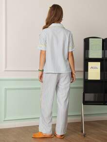 Chillnights Women's Striped Contrast Binding Lapel Casual Home Short Sleeve Long Pants Pajama Set - Blue - View 2
