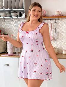 Slumberry CURVE Plus Size Sweet Casual Comfortable Knit Striped Cherry Print Ruffle Hem Nightgown - Purple - View 5