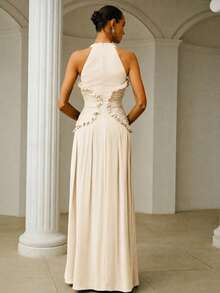 ZEYLAH Elegant Extra-Long Fitted Dress With Ruched Ruffle Hem, Spring/Summer - Apricot - View 3