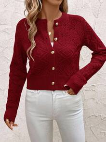 SHEIN Clasi Cárdigan de punto calado con hombros caídos talla grande - Rojo - Ver 13