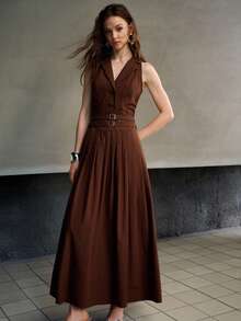 MOTF PREMIUM WOMEN'S AUTUMN SLEEVELESS DOUBLE BELT DESIGN PLEATED LONG DRESS - Coffee Brown - View 7