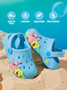 SpongeBob SquarePants | SHEIN 卡通藍色兒童園藝拖鞋，透氣快乾，輕量耐用 EVA 材質，適合居家與戶外場地 - 寶藍色 - 查看 1