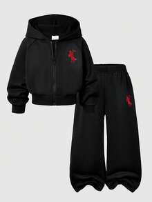 SHEIN ChillGRL Streecool 青少女 2 件套秋季服飾 中厚針織 百搭連帽拉鍊運動外套 寬鬆寬腿長褲套裝 校園秋季 - 黑色 - 查看 8