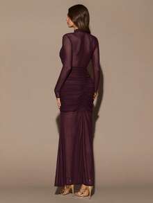 SHEIN BAE Autumn/Winter Dark Purple Semi-High Neck Halter Long Sleeve Waist Hem Semi-Sheer Sexy Ultra-Long Elegant Dress, Suitable For Cocktail Party Night Out - Purple - View 2